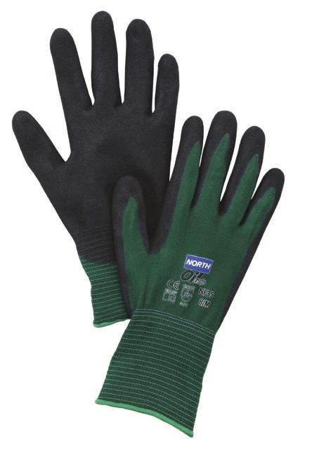 hand, black NA 4131 395 WE50 NF35 NF13 Nitrile-Dipped Gloves Nitrile coating delivers added mechanical protection for cut and abrasion Foam nitrile coating adds grip
