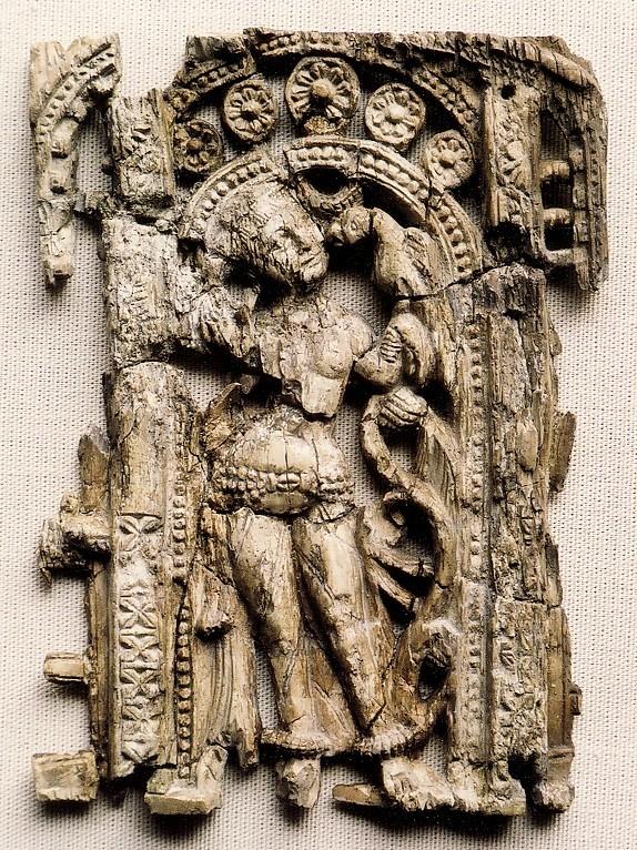 Sculpture 2006.1268 Plaque Ivory / hand-carved Afghanistan / c. 1st C. Sculpted open-work ivory plaque in high relief.