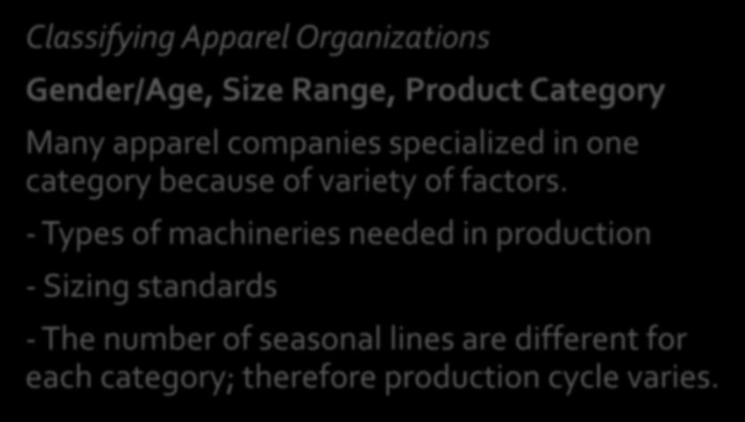 ELEMENTS & PRINCIPLES of DESIGN The RTW Industry Classifying Apparel Organizations Gender/Age, Size Range, Product Category Many apparel companies specialized in one category because