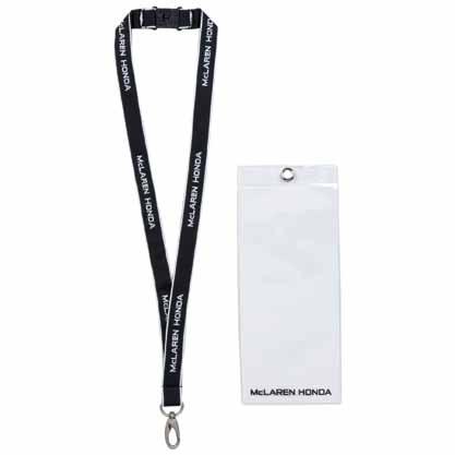 19 20 18 18 McLAREN HONDA Team LANYARD High quality, black fabric strap with white woven edges and bold team logo repeated across the length. Plastic safety release for quick removal.