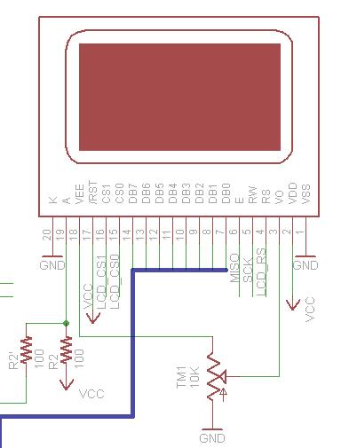The main display is a monochrome KS0108 based LCD with 128x64 pixels (two 64x64 pixel controllers) It is a well known and documented display. They are common in electronics shops, and run at 5V.