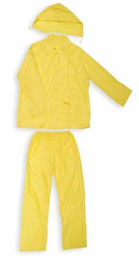 Economy 3-Piece Polyester Rain Suit 5T914 PVC coated, tough polyester fabric resists abrasions Provides protection against oils, acids, and other industrial compounds that destroy rubber.
