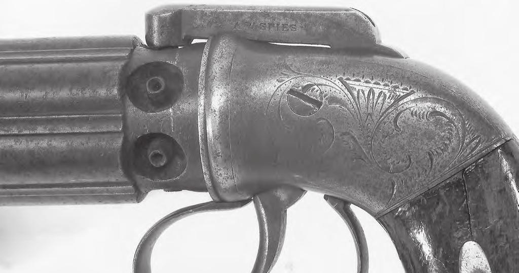 16 The nipple shield is hand-engraved in the rose vine design while the frame is engraved in the scroll/floral design. This Allen & Thurber dragoon pepperbox is often referred to as the 49 er type.