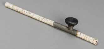12 AN INSCRIBED STAG ANTLER, PEWTER AND YIXING OPIUM PIPE, QING DYNASTY The pipe consisting of five carved antler sections, each showing neatly incised designs, the pewter section with repoussé décor
