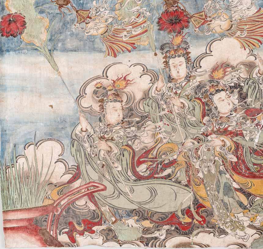 77 A LARGE YUAN / MING DYNASTY PAINTING OF FEMALE DEITIES WITH GESSO HIGHLIGHTS Ink, gouache and gesso on linen China, Yuan Ming Dynasty This remarkably lively painting stands in the tradition of