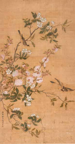this fine 17 th century silk painting is a pair of quails with irises in the foreground.