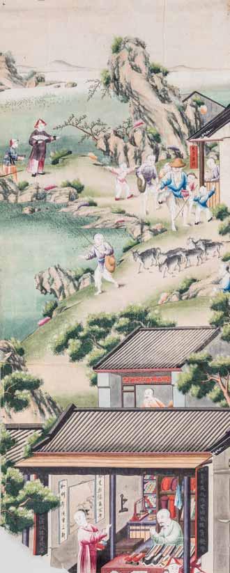 Further up is a merchant offering an already glazed vessel to a wealthy man in noble attire. Women and children are walking towards a residential estate, all carrying fans and one a table screen.