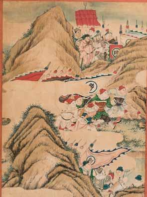 85 A LARGE WARFARE PAINTING, QING DYNASTY Painted with watercolors on paper, laid down on canvas and framed China, 19 th earlier 20 th century Depicting attacking infantry with lances, one soldier