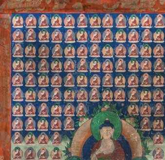 90 A LARGE THANGKA DEPICTING BUDDHA SHAKYAMUNI Distemper on cloth, framed in a linen mounting with silk Tibet, 18th/19th century Shakyamuni, the founder of Buddhism, depicted here as the central
