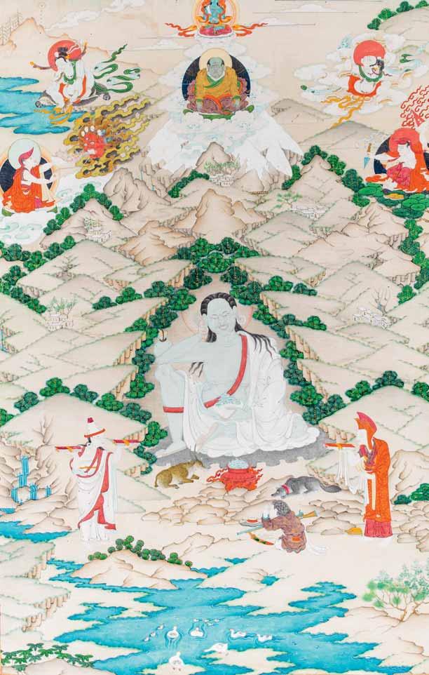To his lower left and right the two main disciples of Milarepa are depicted Rechungpa and Gampopa.