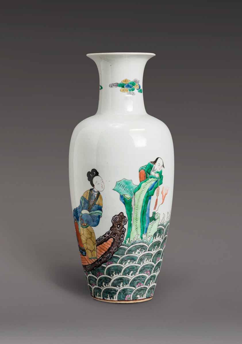 120 A LARGE AND VERY RARE KANGXI PERIOD FAMILLE VERTE BALUSTER VASE LIU HAI AND FEMALE IMMORTALS Porcelain with iron red, underglaze blue and multi-colored enamels in Famille Verte palette China,