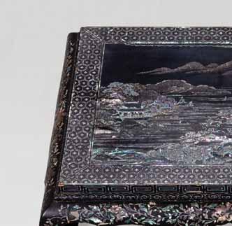 6 A MOTHER-OF-PEARL AND LACQUER INCENSE STAND, KANGXI Wood with black lacquer coating and inlaid mother of pearl China, Kangxi period (1661-1722) Finely inlaid in slivers of iridescent