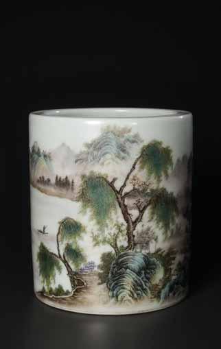 500,- Starting price EUR 750,- 134 A FAMILLE ROSE PORCELAIN BRUSH POT BY ZHANG ZHITANG (1893-1971) Porcelain with fine enamel painting China, in the summer month of the year wuzi, which is 1948