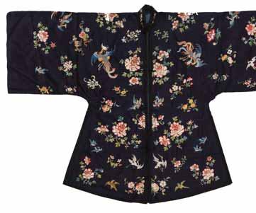 142 A MIDNIGHT BLUE SILK LADY S ROBE WITH AUSPICIOUS BRIDS, FLOWERS AND FRUITS, QING Silk with multi-colored silk threads, embroidered collar band, plain black silk bands at the hems, inside with