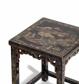 156 A CHINESE PAINTED AND GILT BLACK LACQUER SQUARE LOW TABLE, QING DYNASTY Made of several