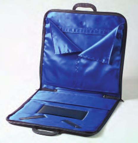 ZIPPERED APRON CASE with molded handles, velcro closure on flap, lined with appropriate color for bodies listed below.