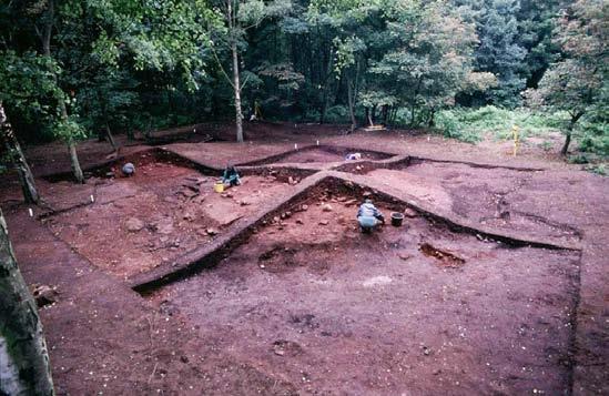 Fig. 8. Excavation of a Viking barrow at Ingleby, Derbyshire. The upper levels of the barrow have been excavated in quadrants leaving baulks as a record of the stratigraphy.