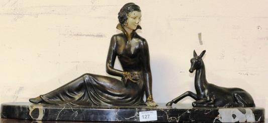 127. Art Deco Figure of Bronze Lady with Fawn on