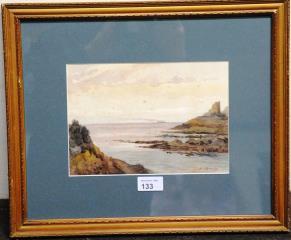 133. Gilt framed Watercolour Cork Coastal Scene signed Hugh C. Charde 1858 1946 (9.