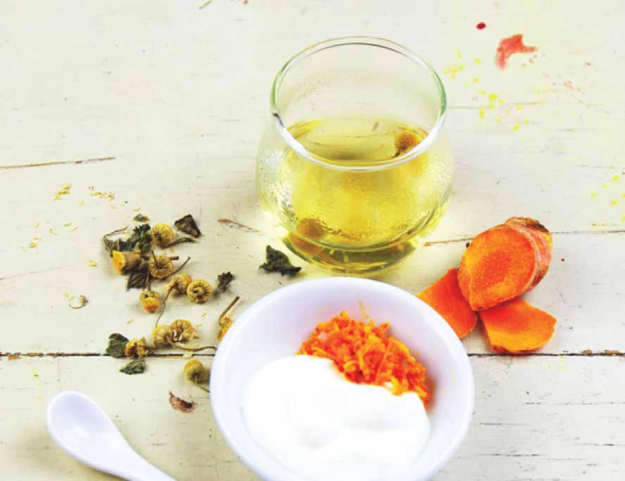06 ANTI REDNESS FACE MASK 1. Combine 1 tablespoon of organic Greek yoghurt with 1 teaspoon of fresh grated turmeric and stir well. 2. Make a pot of loose leaf chamomile tea and strain. 3.
