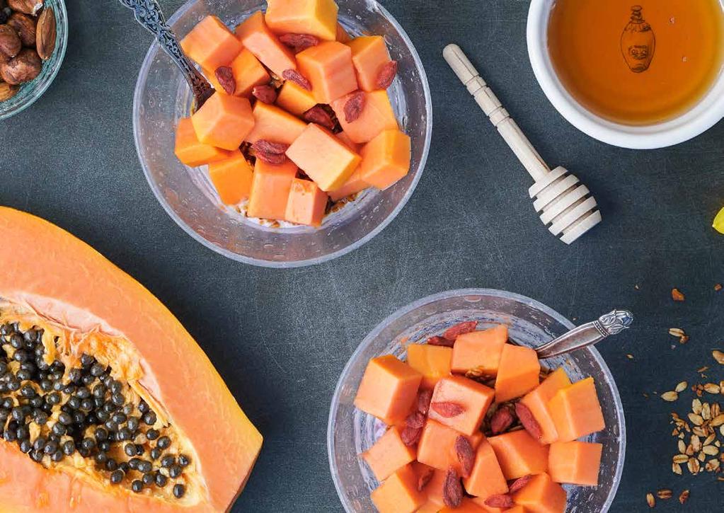 04 PAPAYA EXFOLIATOR 1. Combine 1-2 tablespoons of organic almond Vitamin C in papaya helps restore skin elasticity meal with a tablespoon of honey. 2.