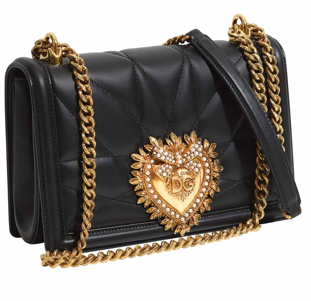 Medium Devotion Bag by Dolce&Gabbana in black quilted nappa leather; with 24K gold leaf plated shoulder chain, and central sacred heart embellishment in 24K gold leaf plated antique bronze set with