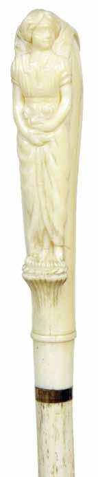 111. Ivory Cat Ca. 1885-A carved ivory cat perched in a tree with small inset eyes, very ornate silver metal collar, hardwood shaft and no H. 2 x 2, OL-35 $1,000-$1,200 111. 112.