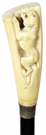 119. Ivory Ram Pre-Ban-A carved ivory ram s head with relief horns, ivory collar with small chip, ebony