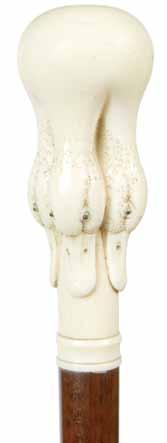 Ivory Duck Pre-Ban-A carved ivory handle with four ducks in high relief, all have two color glass eyes, small ivory collar, rich snakewood shaft and an