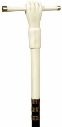 12.Ivory Hand and Baton Ca.1900-A carved hand holding a baton with gold ends which doubles as a cheroot holder, three signed 14kt gold collars, exotic wood shaft and an ivory H.