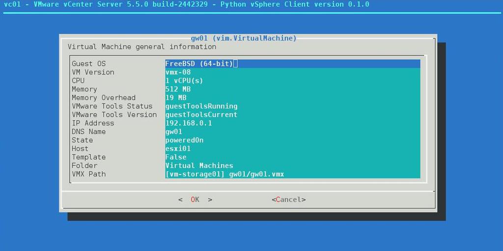 PVC is an interactive text-mode VMware vsphere Client with a dialog(1) interface for GNU/Linux systems built on top of the pyvmomi VMware vsphere API Python bindings.