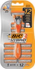 MALE ALL-IN-ONE ALL-IN-ONE 3-BLADE SHAVER 1 HANDLE + 12 CARTRIDGES STANDARD PACKS BIC 3 HYBRID EXTRA LIFE 1 HANDLE + 12