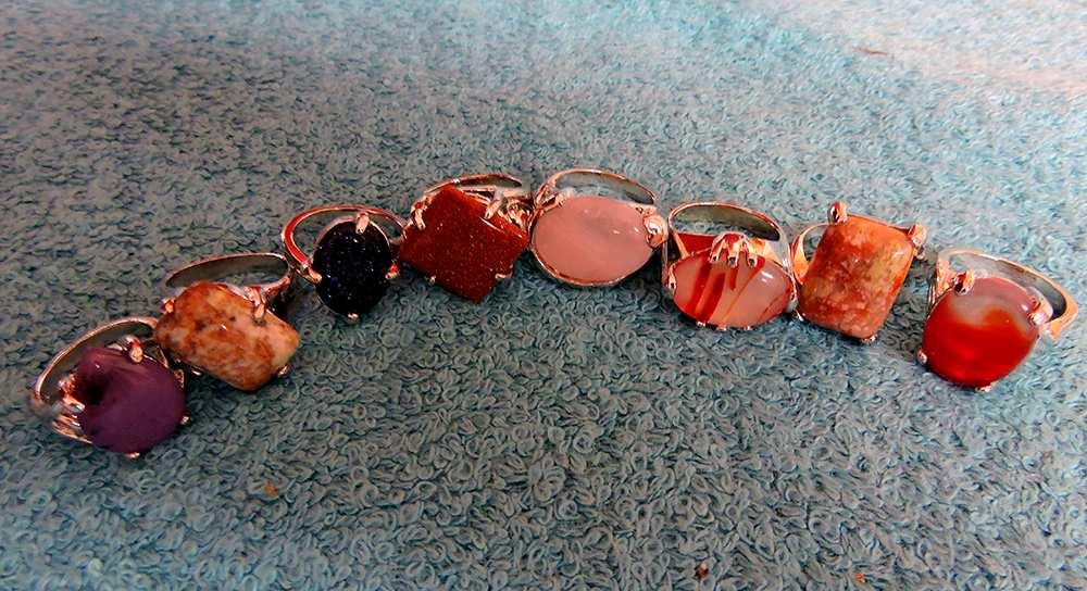 com Mike Stone, webmaster For Sale Ladies Rings Jasper, goldstone, blue goldstone, agate, rose quartz, amethyst. sizes 6.5-7- 7.5 Electroplated silver $25.