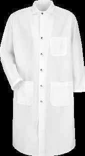 White SNAP-FRONT BUTCHER COAT Six large dome snap closures Interior left
