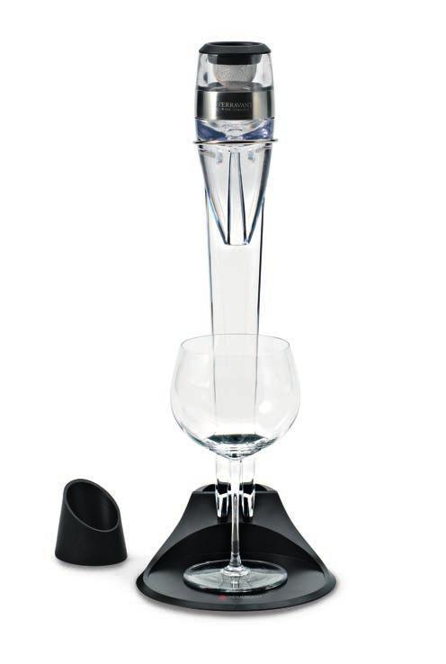 glass / Place aerator in the stand for one-handed use / Aerator kit includes: stand, aerator and filter / Hand wash only with