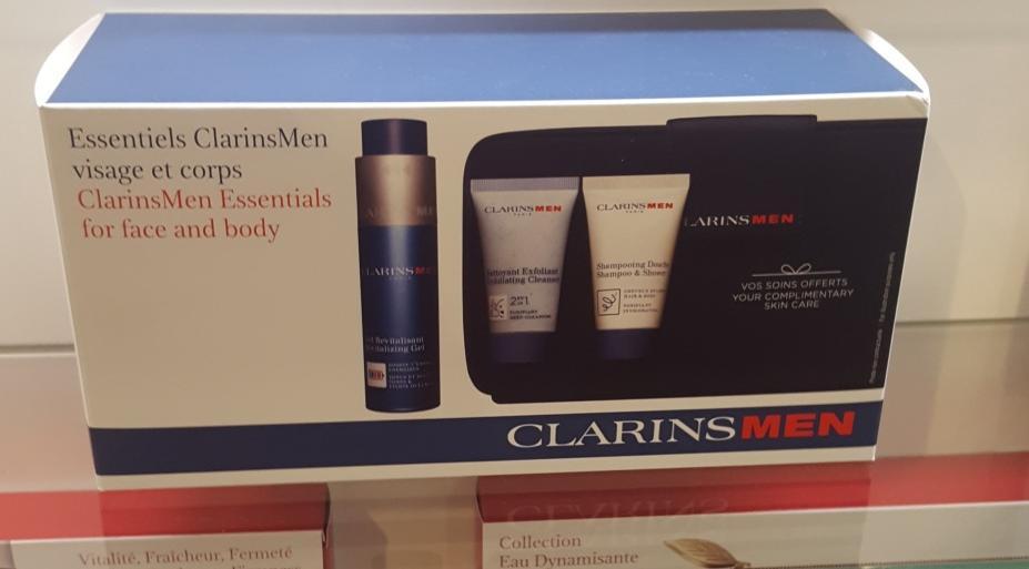 Clarins - men 1. Clarins Men Essentials for face & body gift set in a box with blue wash bag 2.