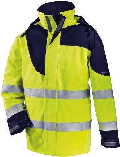 HIVIS & WEATHER 1 PARKA Two-coloured flame-retardant upper material as direct laminate sealed seams design with round shapes contrast stitching in offwhite high band collar with zip fastener for hood