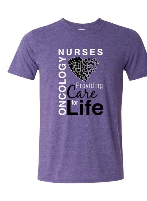 (ON4) Classic Tee 4.5 oz., 100% ring spun, pre-shrunk cotton t-shirt in a beautiful shade of heather purple. The Oncology Nursing Month logo looks great on this shirt.