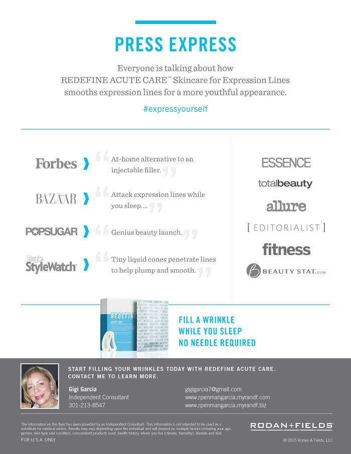 Rodan and Fields ACUTE CARE with proprietary Liquid Cone Technology targets expression lines with an advanced wrinkle treatment featuring line-defying hyaluronic acid and peptides for visibly reduced