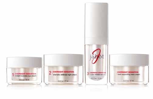 GETTING STARTED WITH JABOT COSMETICS : THE OVERNIGHT SENSATION COLLECTION Getting started with your nighttime skincare: The Overnight Sensation Collection Envision yourself an overnight sensation the