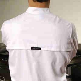 This distinctive chef coat includes attractive button front, handy chest