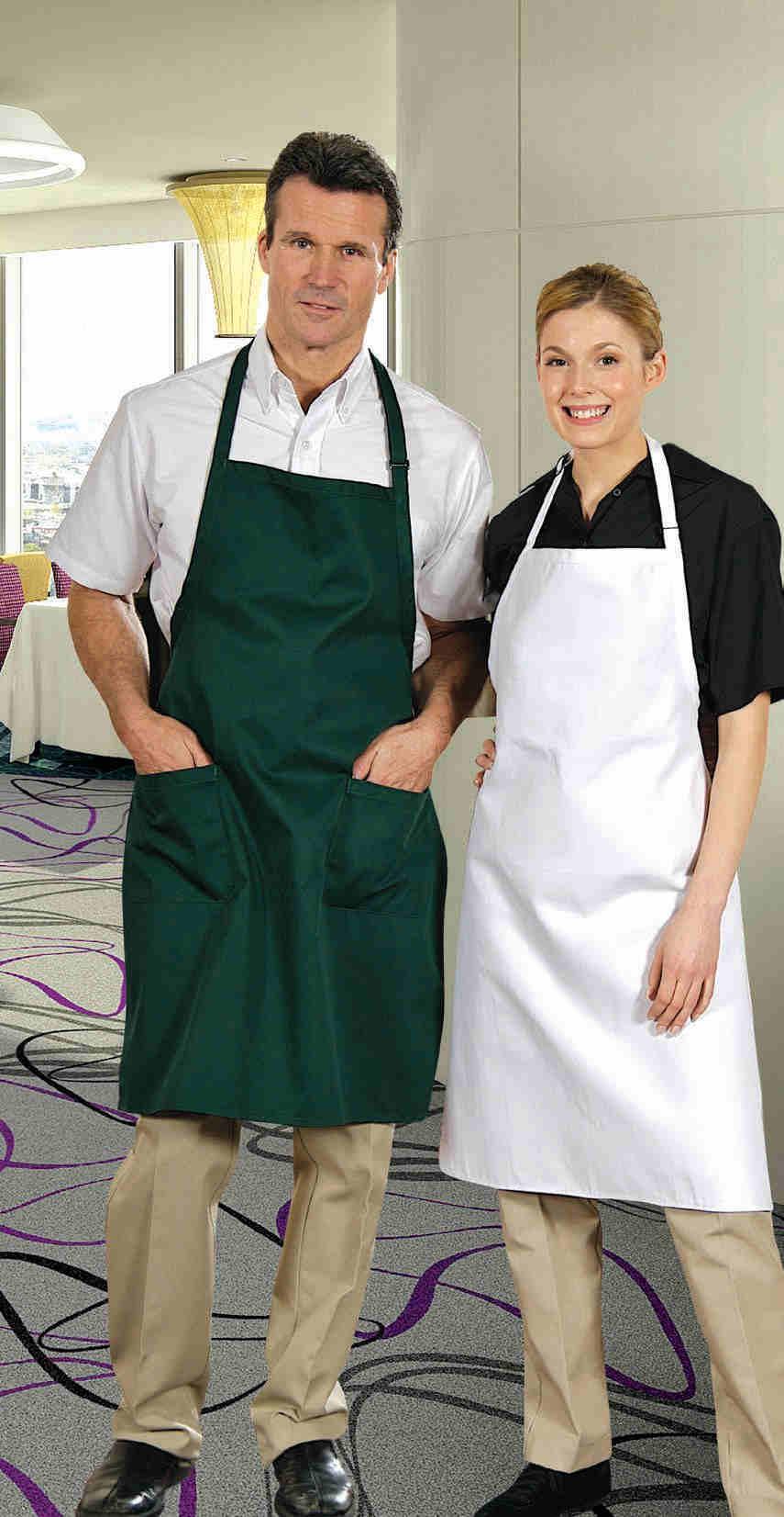 APRONS designer Bib Apron A unique full-length design with adjustable neck band allows for a customized strap length to ensure comfort for both tall and short employees.