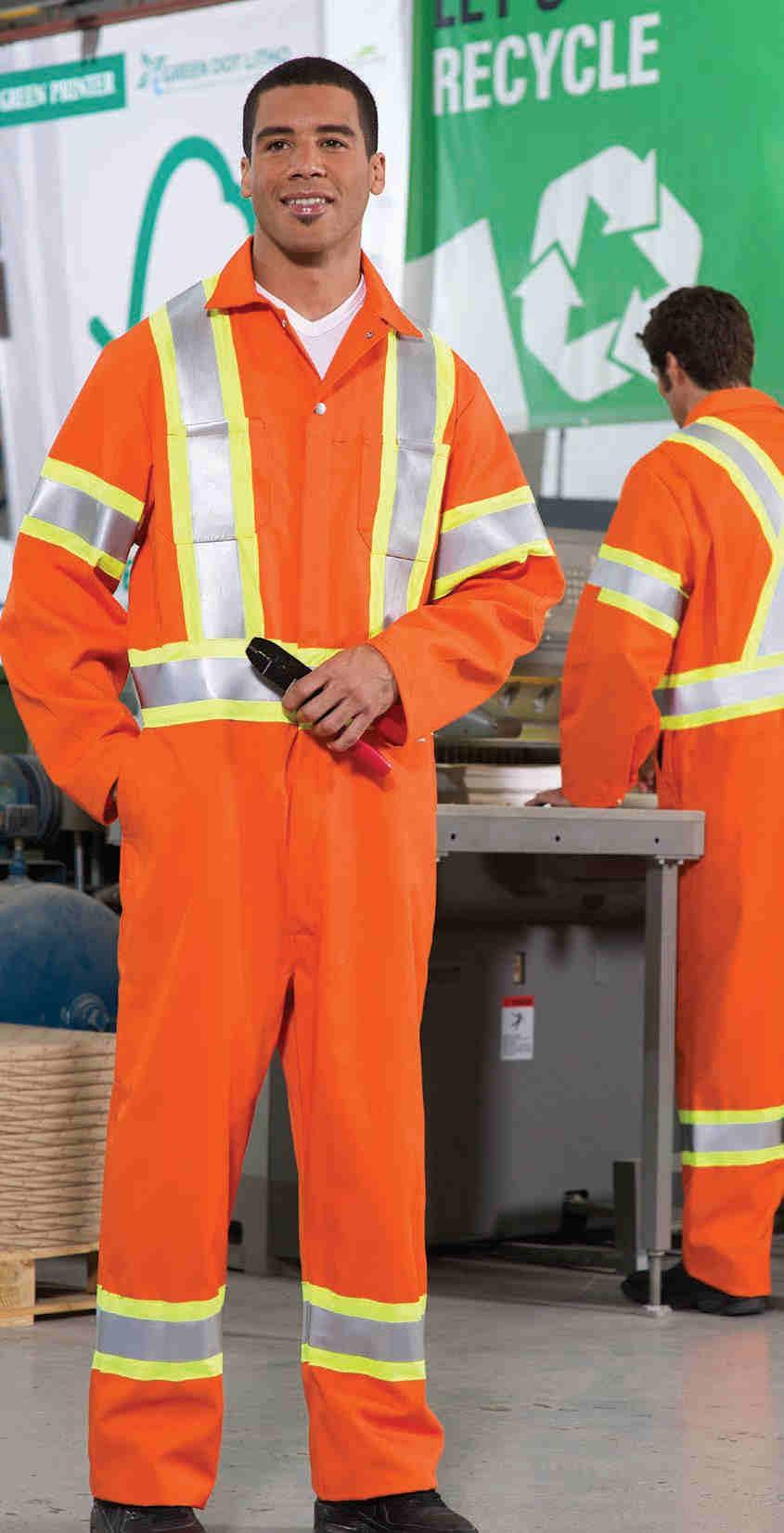 COVERALLS 4 Reflective Tape Coveralls For the ultimate in visibility this poly/cotton orange coverall comes with an extra wide reflective tape with good coverage on front, back, sleeves and legs.