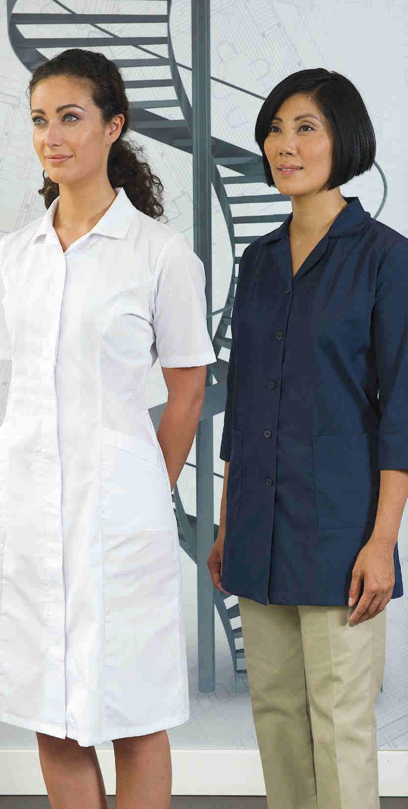 SMOCKS & DRESSES smocks Durable machine washable fabric with two lower pockets and button or snap closures puts working comfort in easy reach. Sizes range from S-4XL. 65/35 Poly/Cotton blend in 5.