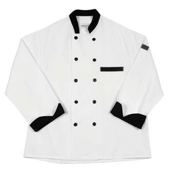 2 oz w/ 10 buttons WH w/ BK Trim WH w/ BK Trim S-6X S-3X Master Chef Coats w/ Contrasting Piping on Left Sleeve