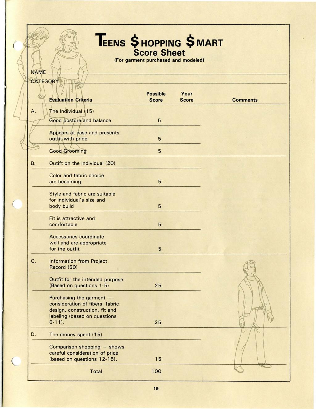 TEENS $ HOPPING $ MART Score Sheet (For garment purchased and modeled) Possible Score Your Score Comments 5 5 5 B.