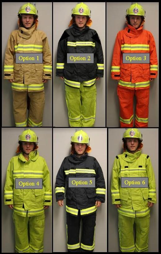 Figure 1: Six thermal protective ensembles (left): options one, three and four have moisture barriers. Figure 2: Duty or daily station wear clothing (below).