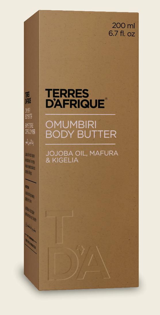 OMUMBIRI BODY BUTTER WITH JOJOBA OIL, MAFURA, & KIGELIA A luxurious, rich body butter fragranced with exotic omumbiri. This non-greasy formulation rejuvenates, moisturises and softens skin.