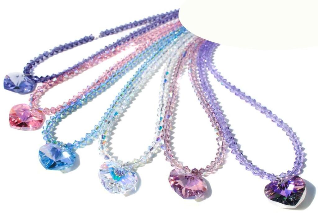 Heart on Crystal Necklace Left to Right colours Amethyst Red Heliotrope Blue