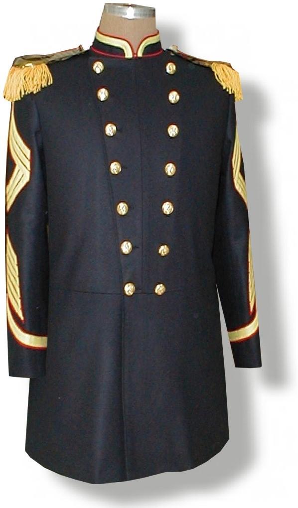 The 1875 US Marine Enlisted Fatigue Blouse. Per Marine Regs, coat is made in 12 oz Dark Blue wool flannel with natural cotton lining. Small standing collar with scarlet pipe along the bottom edge.